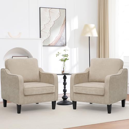 Accent Chairs Set of 2, Upholstered Living Room Chair with Side Pockets, Mid Century Modern Reading Chair for Bedroom, Comfy Armchair Single Sofa Side Chair for Office, Small Room, Light Brown