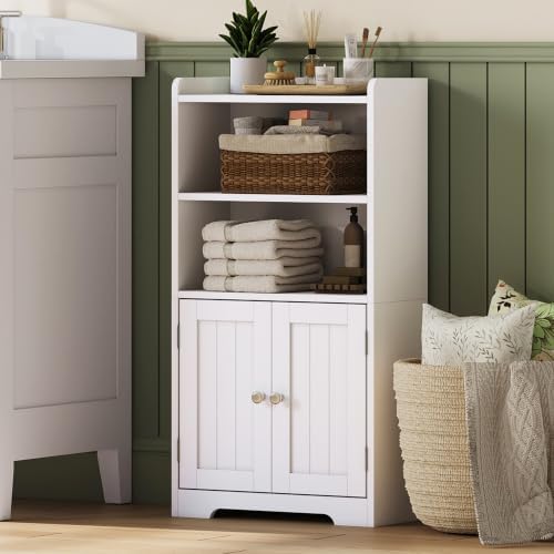 ChooChoo Small Bathroom Storage Cabinet with 2 Door and Shelves | Narrow Toilet Paper Cabinet, Freestanding Bathroom Floor Cabinet and Organizers for Small Spaces, White