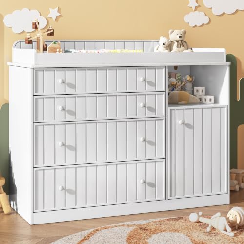 White Changing Table Dresser with 4 Drawers, Baby Nursery Diaper Table