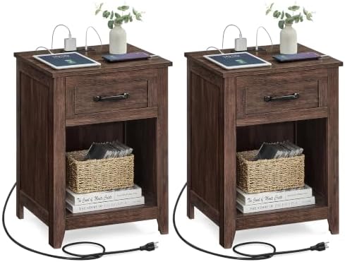 VASAGLE Farmhouse Nightstands with Charging Station, 1 Drawer, Set of 2