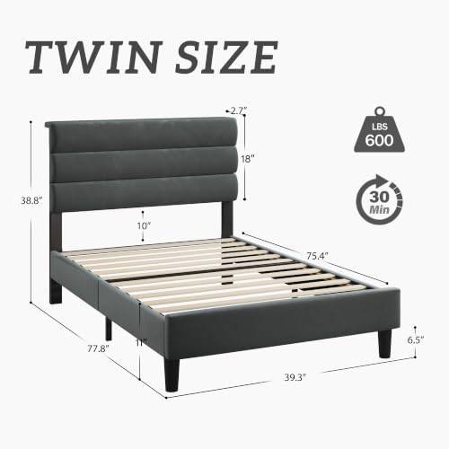 Fluest Twin Bed Frame, Platform Bed Frame with Velvet Upholstered Headboard, No Box Spring Needed, Sturdy Metal Support, Noise Free, Easy Assembly, Modern Bedroom Furniture, Grey