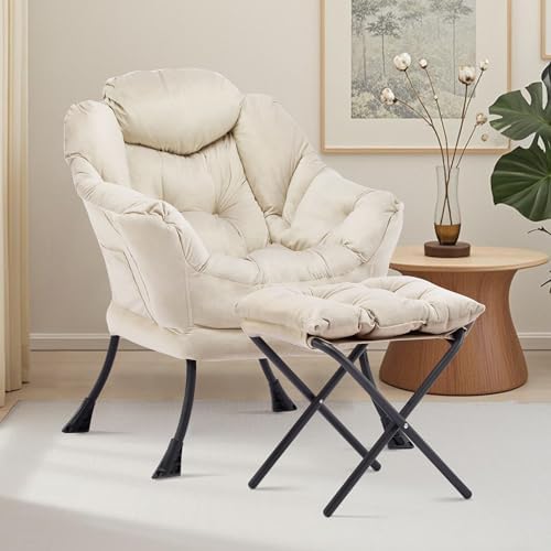 Lazy Chair with Ottoman, Comfy Reading Chair, Ivory
