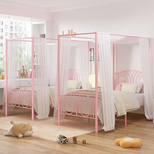 VECELO Twin Canopy Bed Frame, Vintage Scrollwork Headboard, Pink