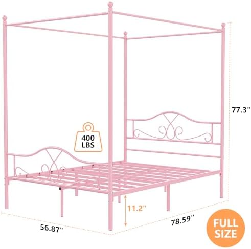 Full Canopy Bed Frame with 4 Posters, Full Size Bed for Kids Girls Adults