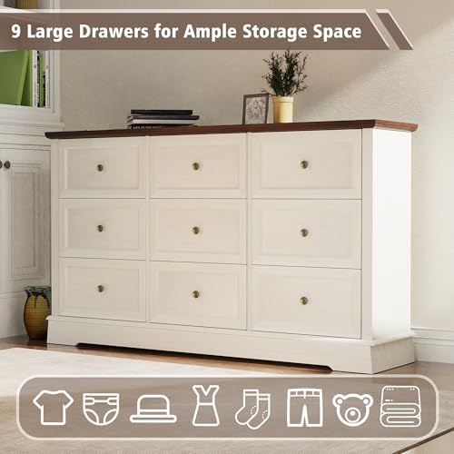 KIGOTY Farmhouse Bedroom Set, 3 Pcs Dresser and Nightstand Sets, 9 Drawer Dresser & 2 Drawer Nightstand Set with Charging Station,Rustic Wood Bedroom Furniture Set for Home