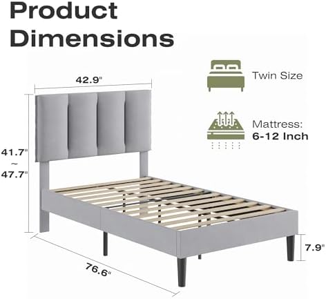 VECELO Twin Size Bed Frame with Upholstered Headboard, Light Grey