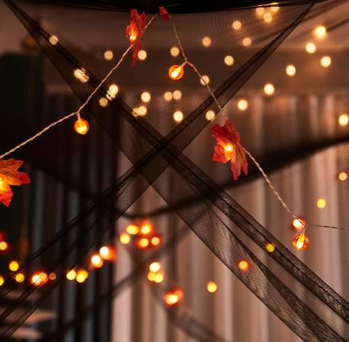 Mengersi Bed Canopy with Lights,Maple Leaf Pumpkin Canopy Bed Curtains Mosquito net,Halloween Theme Party Supplies Festival Decor,Black