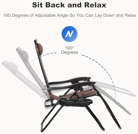 Nazhura Set of 2 Relaxing Recliners Patio Chairs Adjustable Steel Mesh Zero Gravity Lounge Chair Beach Chairs with Pillow and Cup Holder Khaki (Brown)