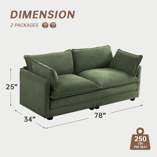 ROWHY 78'' Sectional 2 Seat Cloud Loveseat with 2 Throw Pillows, Modern Corduroy Love Seat, Cozy Sofa for Living Room, Office and Bedroom,Green