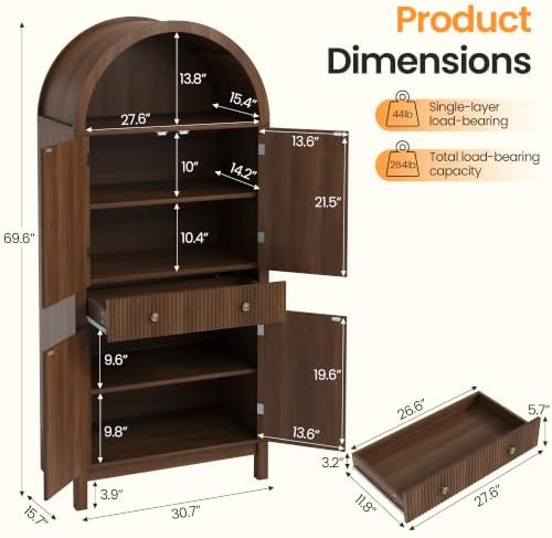 Apicizon 70" Tall Arched Kitchen Pantry Cabinet, 6-Tier Modern Fluted Wood Storage Cabinet with Doors Drawer & Adjustable Shelves, Farmhouse Cupboard Organizer for Dining Room, Bathroom, Walnut