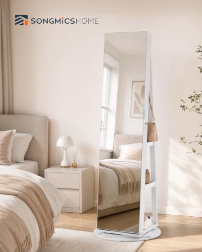 SONGMICS HOME Standing Jewelry Armoire, Full Length Mirror with Storage | Lockable Jewelry Cabinet with 6 LED Lights, Floor Mirror, Built-in Vanity, White Surface, Black Lining UJJC007W02SH