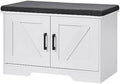 HOMSHO Farmhouse Shoe Storage Bench with 2 Barn Doors & Padded Seat Cushion