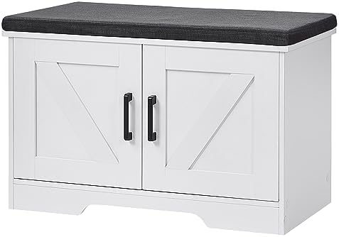 HOMSHO Farmhouse Shoe Storage Bench with 2 Barn Doors & Padded Seat Cushion