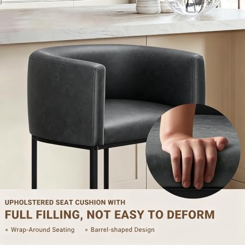 26" H Counter Height Bar Stools Set of 3, Modern Barrel Counter Stools with Backrest and Arms, Faux Leather Upholstered Accent Barstools for Kitchen Island,Support 450 LBS (Black)