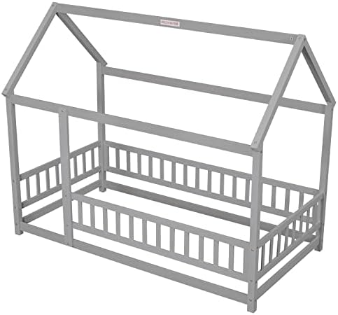 PVWIIK Twin Size Montessori Floor Bed with Roof & Fence Guardrails for Boys Girls Bedroom,Twin Size Floor Wooden Bed Frame,Easy Assemble,No Box Spring Needed, Gray