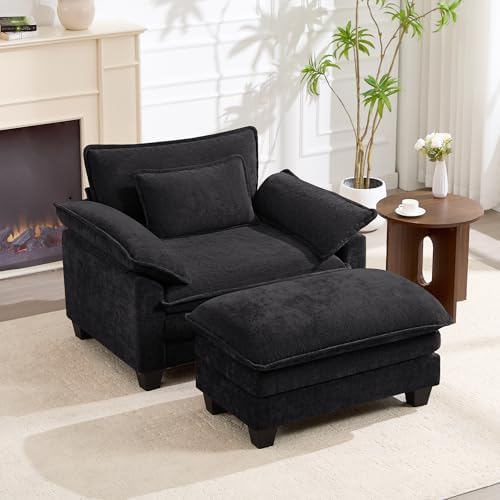 Oversized Accent Chair with Ottoman,44" Chenille Cloud Sofa Chair with Deep Seat,Upholstered Armchair with Extra Thick,Modern Comfy Reading Chairs for Living Room Bedroom Apartment Black