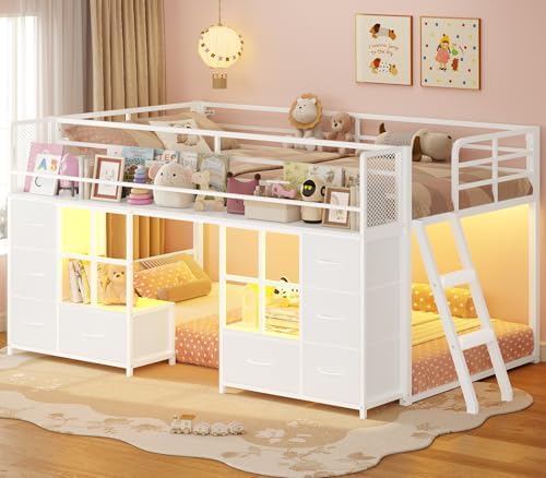 BTHFST Low Bunk Bed Twin Over Twin with 8 Fabric Drawers & Bookshelf, White