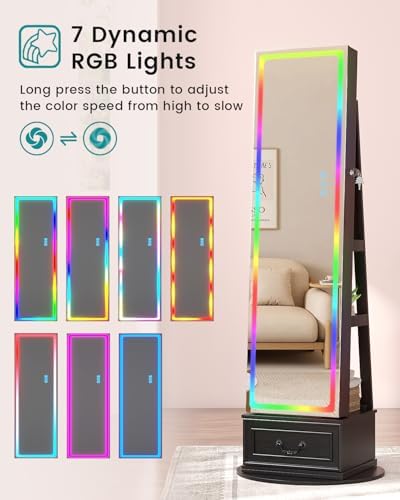 Vlsrka LED Mirror Jewelry Cabinet with Lights, 360° Swivel, Black | Lockable Mirror with Storage, Standing Jewelry Armoire Organizer, Touch Screen, RGB Modes for Bedroom, Gift for Women