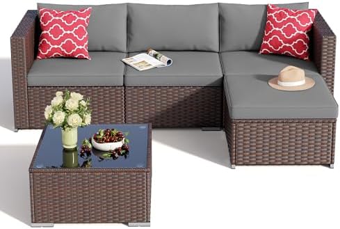 Aiho 5 Pieces Patio Furniture Set All-Weather Outdoor Wicker Sectional Patio Furniture with Cushion and Glass Table (Grey)