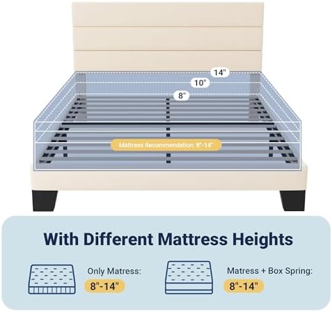 Allewie Queen Size Platform Bed Frame with Velvet Upholstered Headboard and Wooden Slats Support, Fully Upholstered Mattress Foundation/No Box Spring Needed/Easy Assembly, Cream