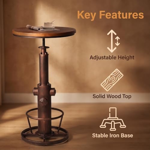 Industrial Bar Table Swivel Round Wooden Top Height Adjustable 38.6-44.4inch Vintage Kitchen Dining Chair Coffee Table Hydrant Design Bistro Table