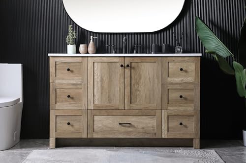 54" Pre-Assembled Bathroom Vanity with Sink, Engineered Wood, Ivory White Engineered Marble Countertop Attached, Single Rectangle Porcelain Sink, 7 Soft-Close Drawers, Natural Oak