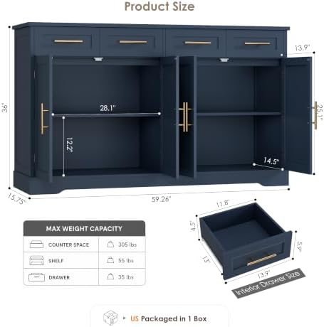 HOSTACK Sideboard Buffet Cabinet with Storage, Kitchen Cabinet, Blue/Gold