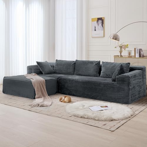 Korser 110" L-Shaped Modular Sectional Sofa with Chaise, Boneless Comfy Corduroy Fluffy Couch with Deep Seat and Side Pockets, Flexible Module Combination for Living Room, No Assembly, Side Pockets