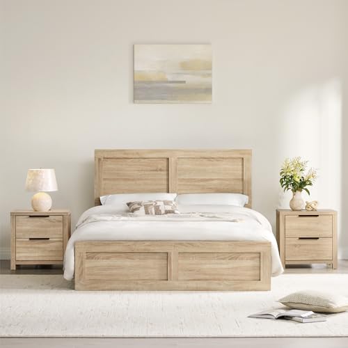 KISLOT 3-Piece Bedroom Set, Bed Frame & 2 Nightstands, Natural, Full