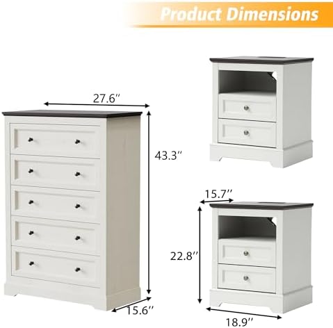 KIGOTY Farmhouse Bedroom Set, 3 Pcs Dresser and Nightstand Sets, 5 Drawer Dresser & 2 Drawer Nightstand Set with Charging Station,Rustic Wood Bedroom Furniture Set for Home