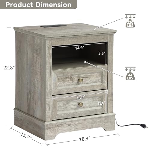 LOUVIXA Farmhouse Bedroom Sets of 3, Including 9 Drawer Dresser, Nightstand Set of 2 with Charging Station (Grey Sets)