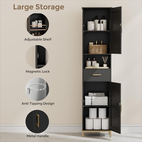 Homhedy 67" H Bathroom Storage Cabinet, Tall Bathroom Cabinet, Black | Narrow Cabinet with Doors and Drawer, Adjustable Shelves, Floor Cabinet for Bathroom, Living Room, Kitchen, Dining Room