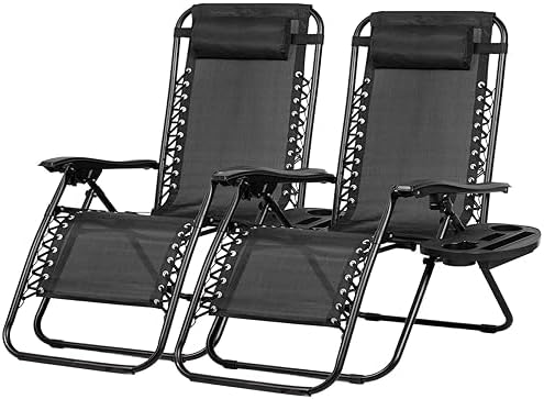 Nazhura Set of 2 Relaxing Recliners Patio Chairs Adjustable Steel Mesh Zero Gravity Lounge Chair Beach Chairs with Pillow and Cup Holder Black