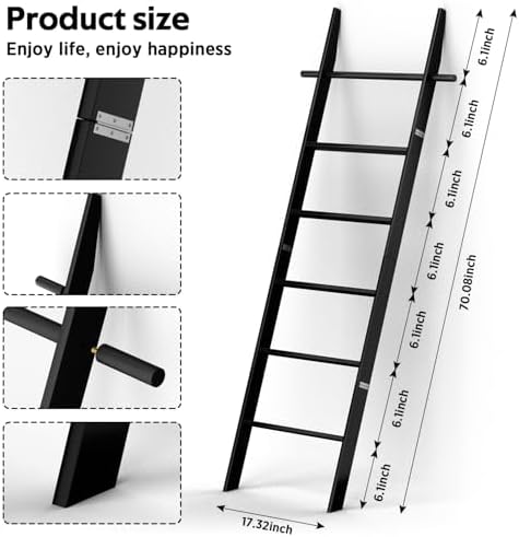 Farmhouse Wooden Blanket Ladder with Removable Hooks Black 6-Tier