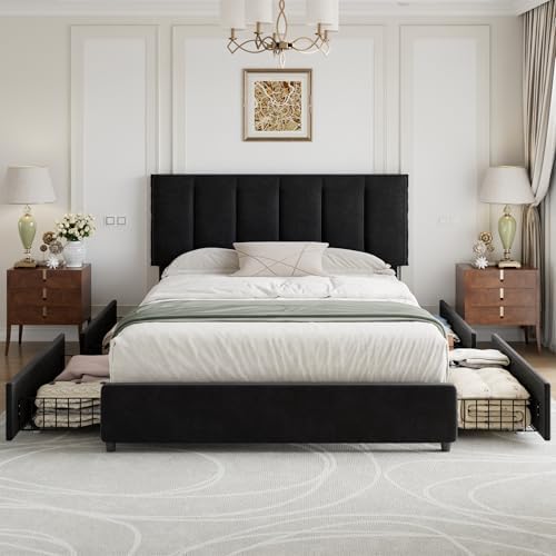 VECELO Full Size Bed Frame with 4 Storage Drawers, Adjustable Height Headboard, Heavy-Duty Platform Bedframe with Strong Wooden Slats, No Box Spring Needed, Black