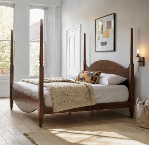 Brixton King Solid Pine Wood Four-Poster Bed, Arched Headboard, Walnut
