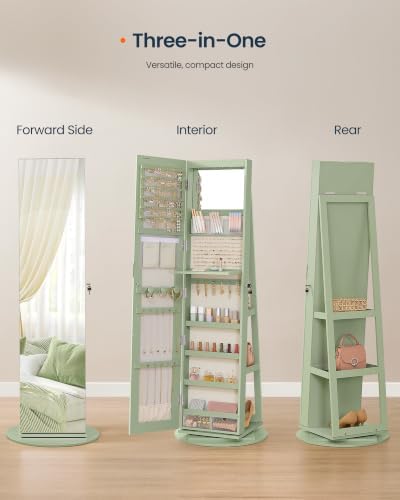 SONGMICS HOME Standing Jewelry Armoire, Full Length Mirror with Storage | Lockable Jewelry Cabinet with 6 LED Lights, Built-in Vanity, Laurel Green Surface, Cream White Lining UJJC007C01SH