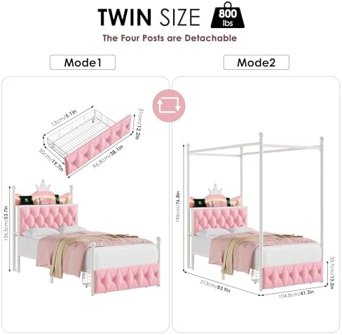 Keyluv Twin Size Upholstered LED Canopy Bed Frame with Charging Station and Drawer, Button Tufted Crown Headboard with Storage Shelf, Two-Purpose Removable Four Poster Design Platform Bed, Pink