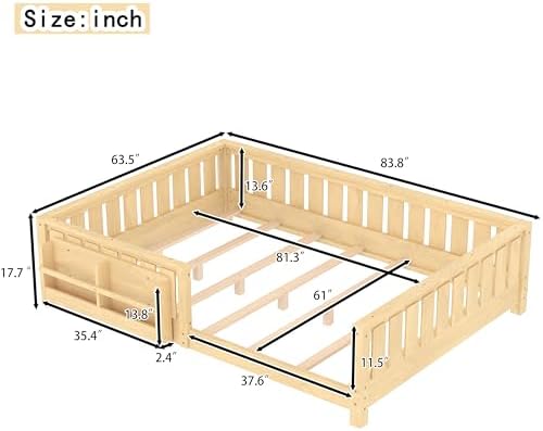 Bellemave Queen Size Floor Bed with Slats and Safety Guardrail, Queen Size Montessori Floor Bed with Fence and Built-in Bookshelf, Easy Assemble Montessori Beds for Girls, Boys, Light Natural