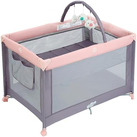 Pamo Babe Pack and Play with Bassinet, Pink Portable Playard for Baby