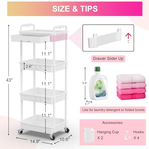 Goovilla 4 Tier Rolling Utility Cart Organizer with Removable Drawer, White