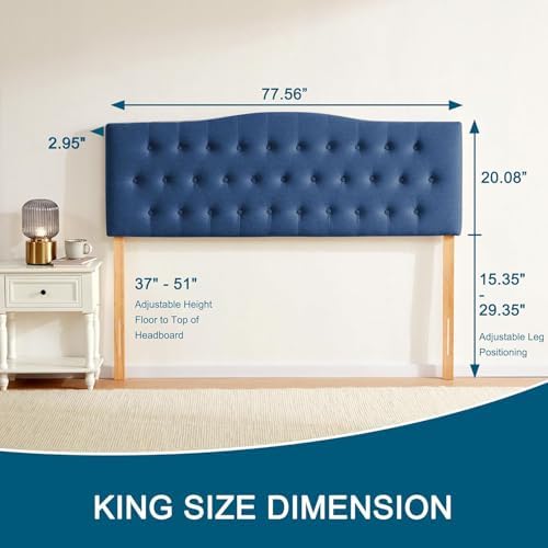 Tufted Headboard King Size, Solid Wood Adjustable Height Head Board, Blue