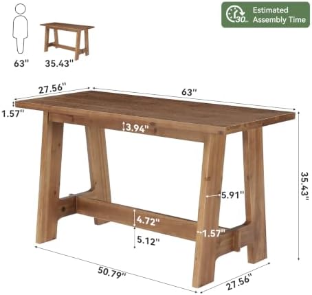 63" Solid Wood Bar Table, Rectangular Farmhouse Pub Table with A-Frame, Heavy-Duty High Top Dining Bar Unit for 4 for Kitchen, Home Bar, Coffee Bar, Rustic Brown