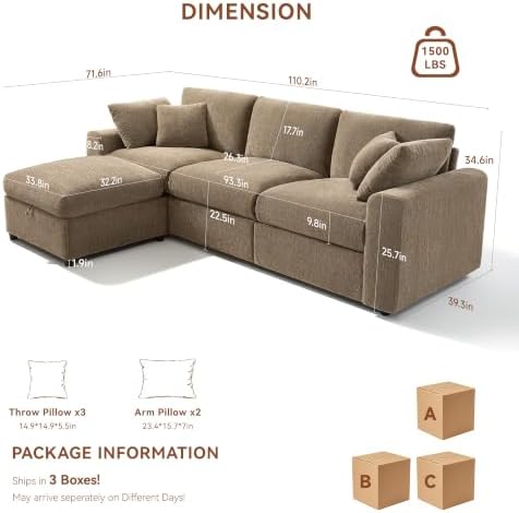 Ihanherry Cloud Sectional Couches for Living Room, 110" Large Modular Sectional Sofa with Wide Deep Seat, L Shaped Couch with Throw Pillow and Storage Ottoman, Brown