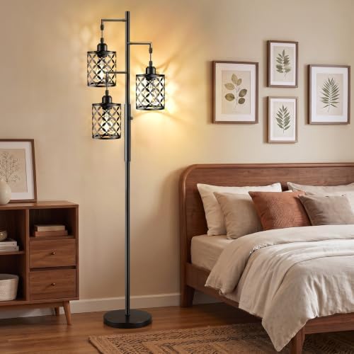 68" Industrial Tree Floor Lamp, Dimmable Farmhouse Tall Standing Lamp with Quatrefoil Cutout Shades & Rotary Dimmer Knob, Corner Light for Living Room Bedroom, 3 x800LM Bulbs Included-Black