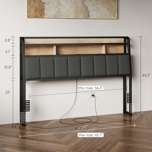 Queen Headboard Only with Storage, Charging Station, Black&Brown