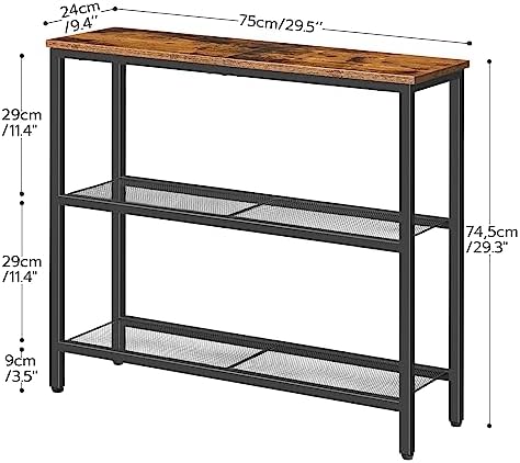 HOOBRO 29.5" Narrow Console Table, 3-Tier Entryway Table, Thin Sofa Table with Shelves, Side Table, Display Table, for Hallway, Entrance, Living Room, Bedroom, Rustic Brown and Black BF73XG01