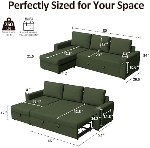 Ball & Cast 80" Sectional Sleeper Sofa Bed Pull Out Couches for Living Room