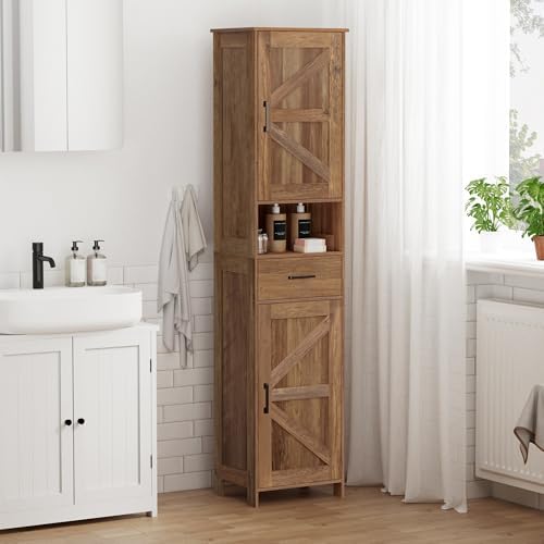 Homhedy 67" H Tall Bathroom Storage Cabinet with Barn Doors and Drawer | Narrow Storage Unit with Adjustable Shelves, Floor Cabinet for Bathroom, Living Room, Entryway,Kitchen,Rustic Walnut, 15.7" W