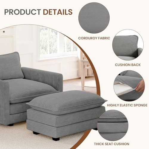 ROWHY 41'' Single Armchair with Ottoman, Modern Corduroy Cloud Couch with Convertible Chaise, Upholstered Sofa Set for Living Room, Dark Grey